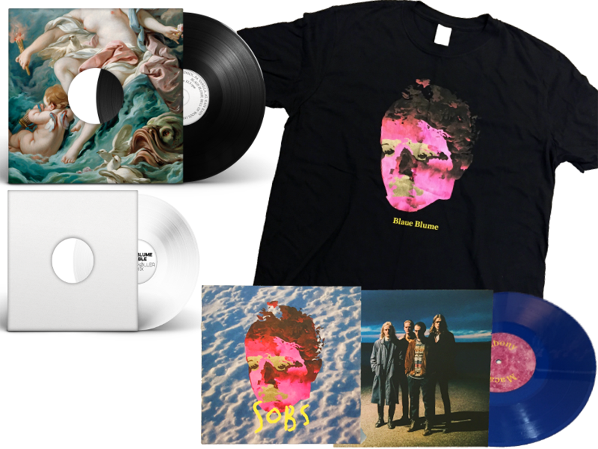 Bandcamp exclusive Blaue Blume bundle containing 'Bell Of Wool' Vinyl LP, Sobs 10" limited coloured blue vinyl , 'Lovable Trentemøller Remix' 10" limited colored white vinyl + 'Sobs T-Shirt'.